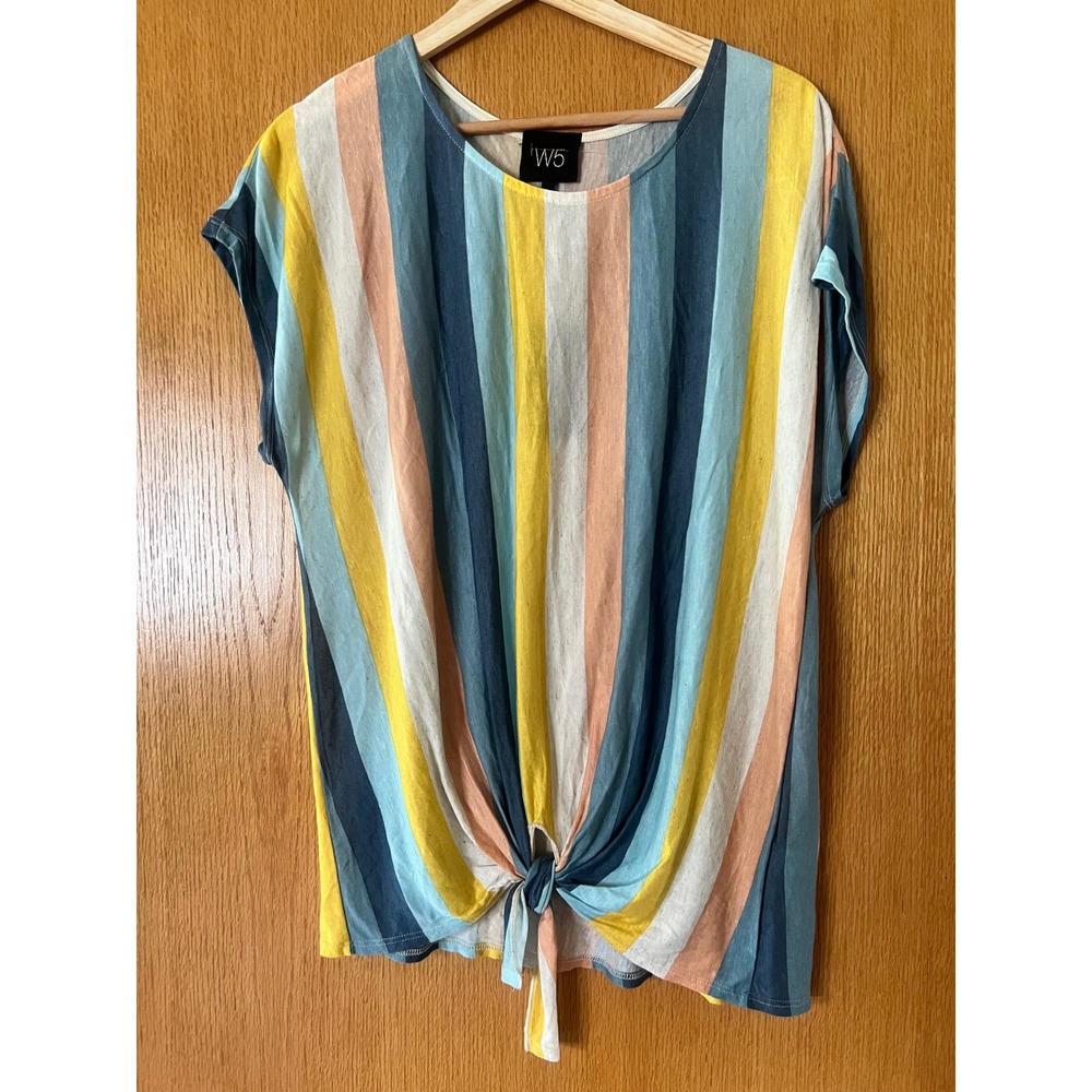 W5 Women Multi Color Vertical Stripe Front Tie Knot Short Sleeve Top Large